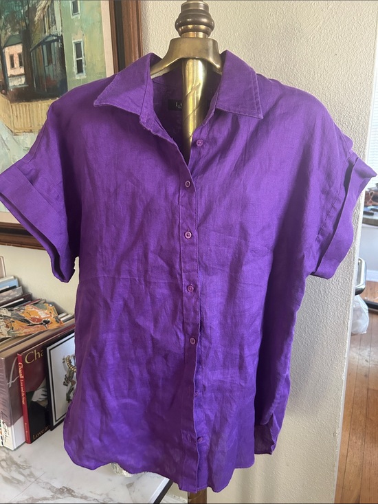 Lauren Ralph Lauren Tops - Lauren Ralph Lauren Royal Purple Short-Sleeve Linen Button-Down